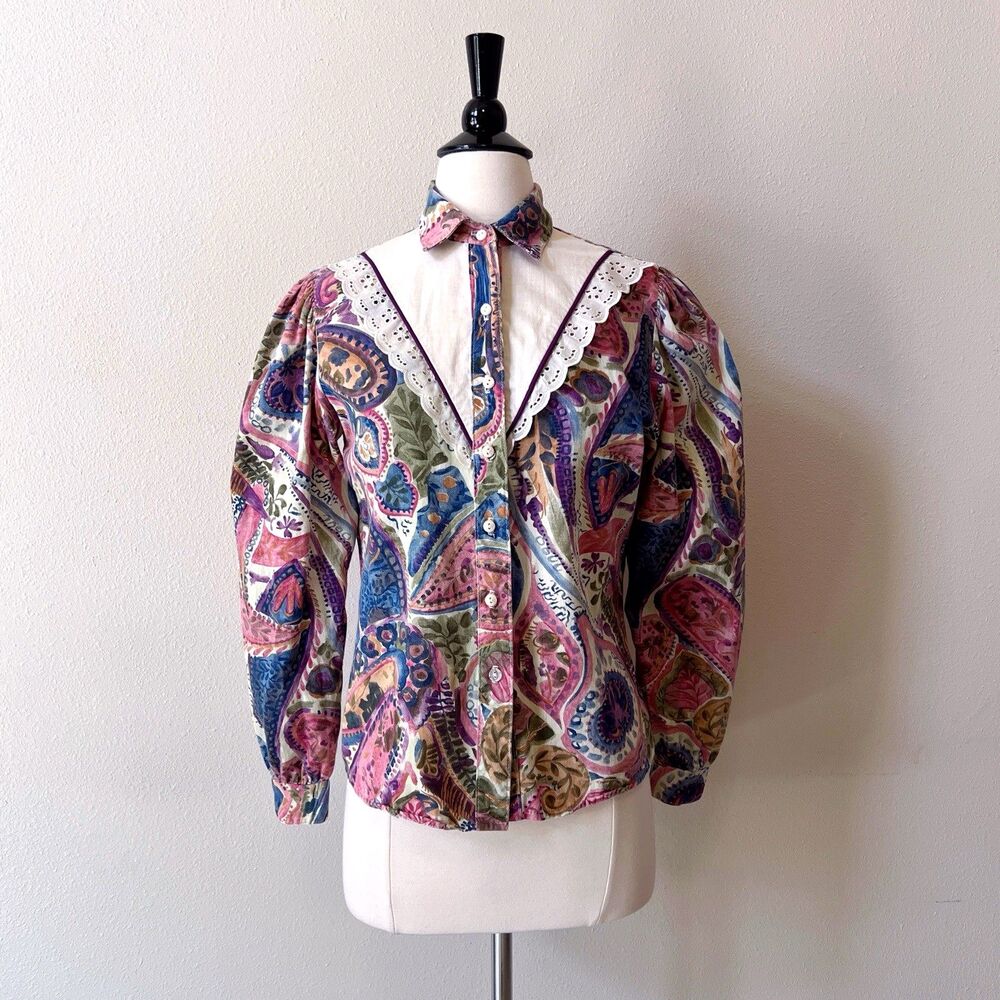 VTG Circle T Marilyn Lenox Blouse Top M Paisley Prairie Western Puff Sleeve 90s